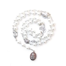 White Glass Pearl Rosary Seven Sorrows Pendant Necklace Long Beaded Catholic Prayer Jewelry Black Purple Pink