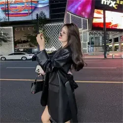 Coffee Color Blazer Retro Beautiful PU Leather Jacket Ins Women's Autumn New High-End Feeling Waist Cinching Suit Jacket Trendy