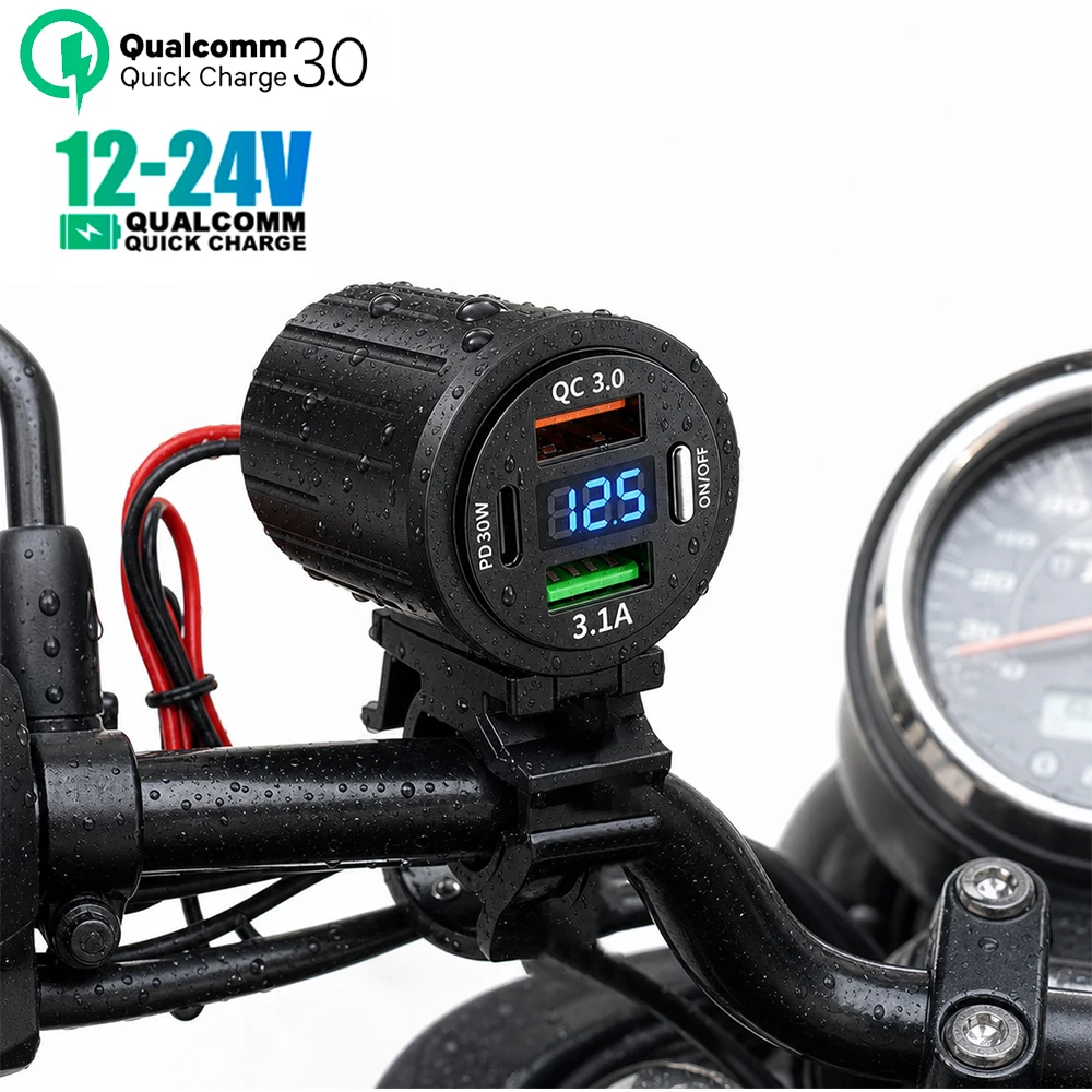 Cargador USB para manillar de motocicleta, adaptador de carga rápida PD + QC3.0, resistente al agua para coche, barco, motocicleta de 12/24V con voltímetro