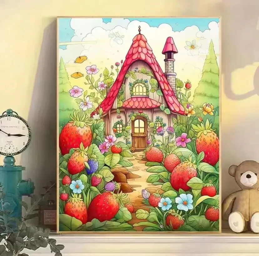 

9ct 65x85cm Strawberry House Cartoon Embroidery DIY Chinese Style Printed Kits Cross Stitch Needlework Set Home Decor Crafts