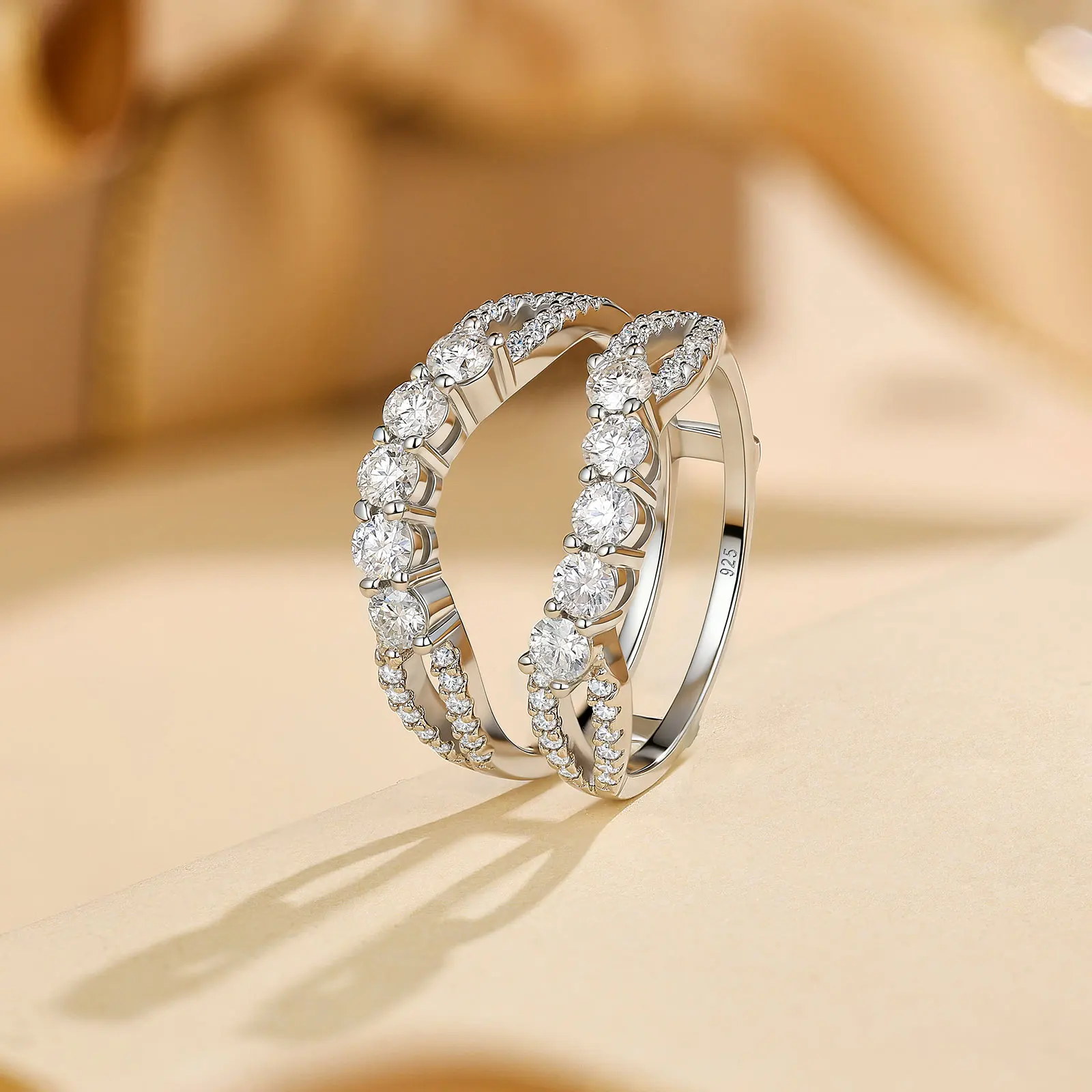 Newshe 925 Sterling Silver Curved Moissanite Rings Enhancer D Color VVS1 Wedding Bands for Women GRA Certificated