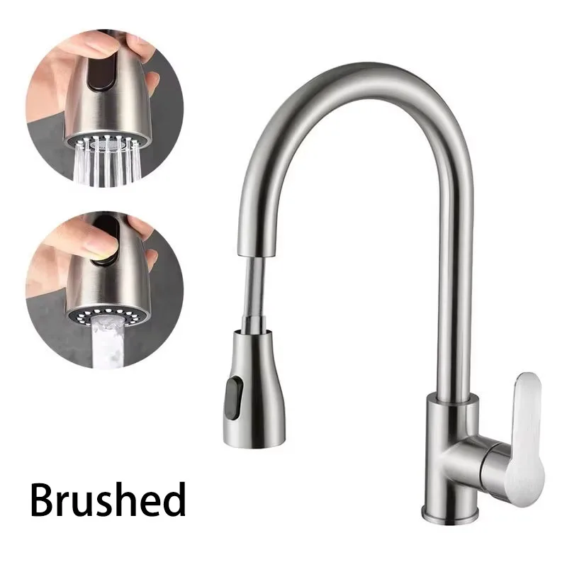 Stainless Steel Kitchen Faucet Single Hole Pull Out Spray 360° Swivel Sink Faucet High Arc Modern Design