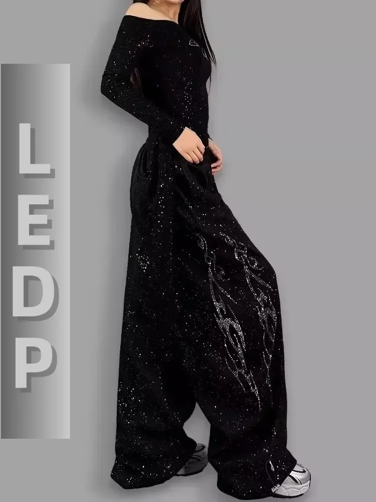IMU Y2K Black Diamond Sweatpants Women Harajuku Streetwear Baggy Joggers Elastic Wide Leg Pants Hip Hop Oversized Casual Trouser