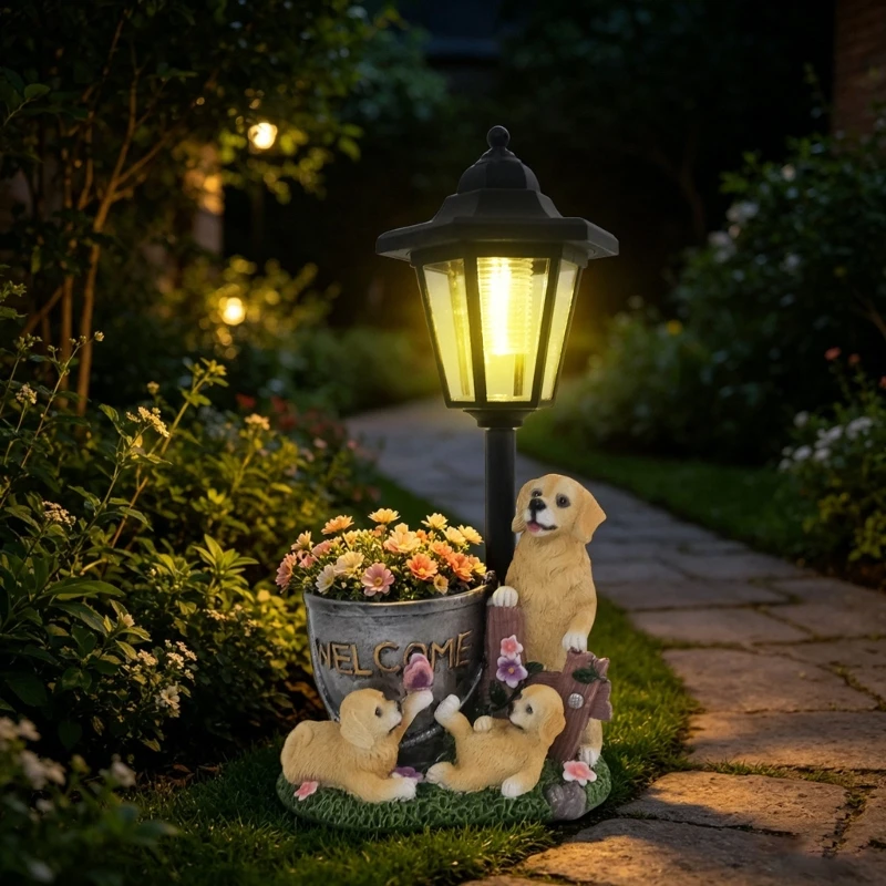 Solar Dog Family Garden Statue with Synthetic Resin Planter, Elevated Lantern, and Automatic Light for Outdoor Display 87HA