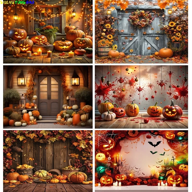 

Halloween Day Autumnal Pumpkins Photography Backdrops Props Maple Leaf Scarecrow Farm Harvest Thanksgiving Background RR-20