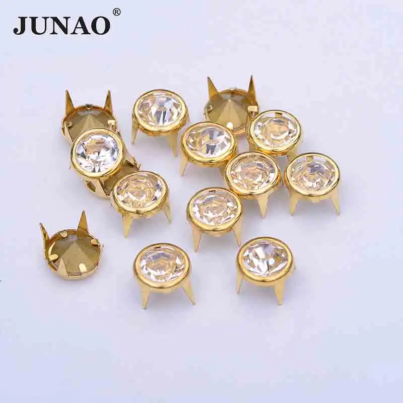 JUNAO 50pcs 10mm Gold Metal Studs Rivet Rhinestones  Rivet Glass Crystal Studs Spikes Decor Rivets for Leather Clothes Crafts