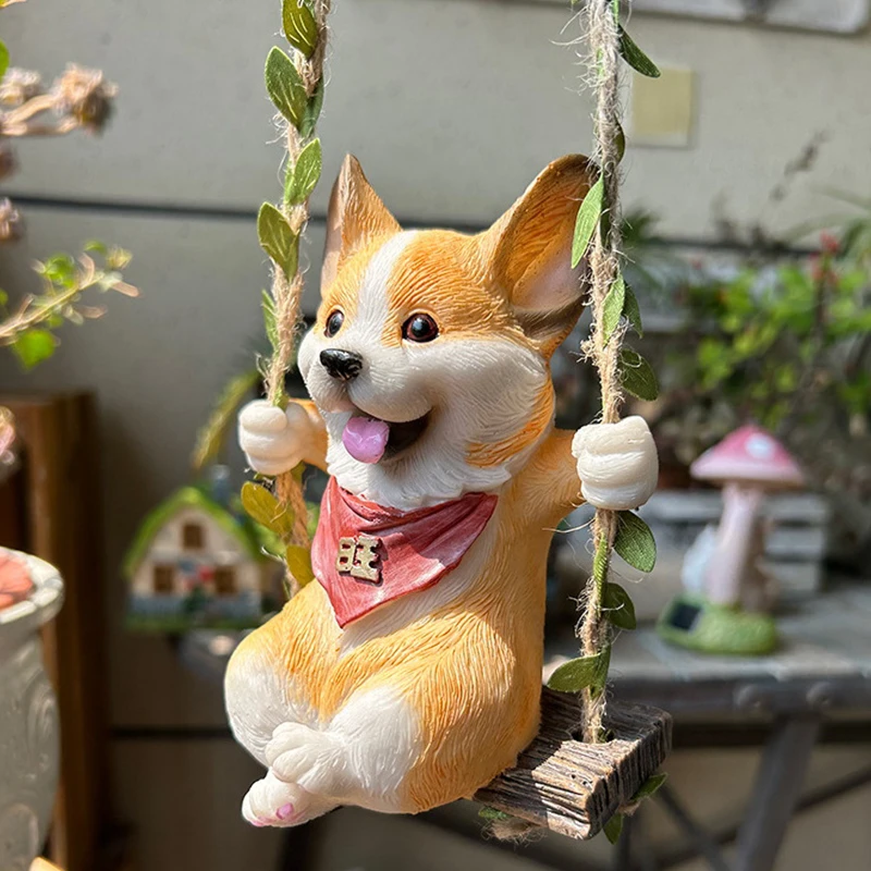 15*10CM Swing Corgi Puppy Cute Ornament Garden Statue Outdoor Hanging Patio Decoration Crafts