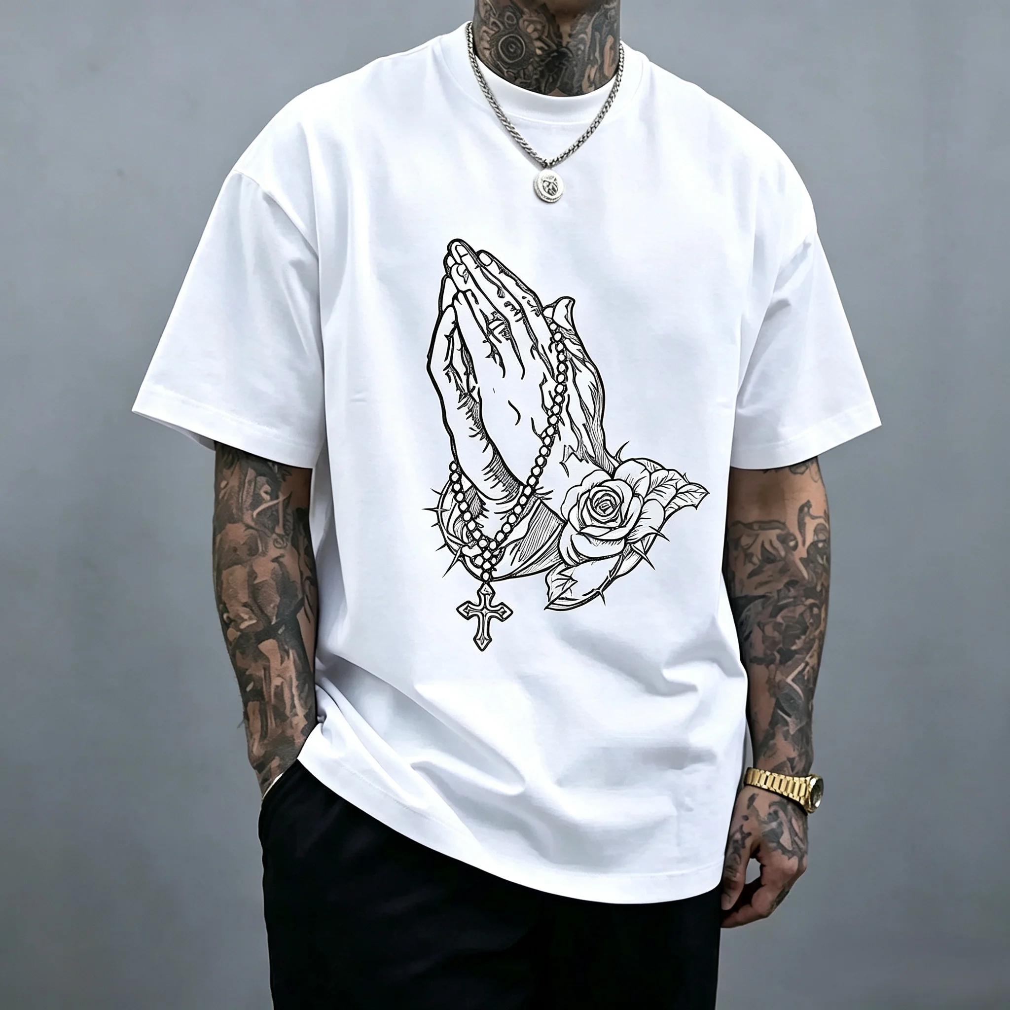 Unisex Praying Hands Rose Cross Rosary Graphic T Shirt Men Vintage Black Line Art Oversized Tee Women Hip Hop Streetwear Short Sleeve T-shirt