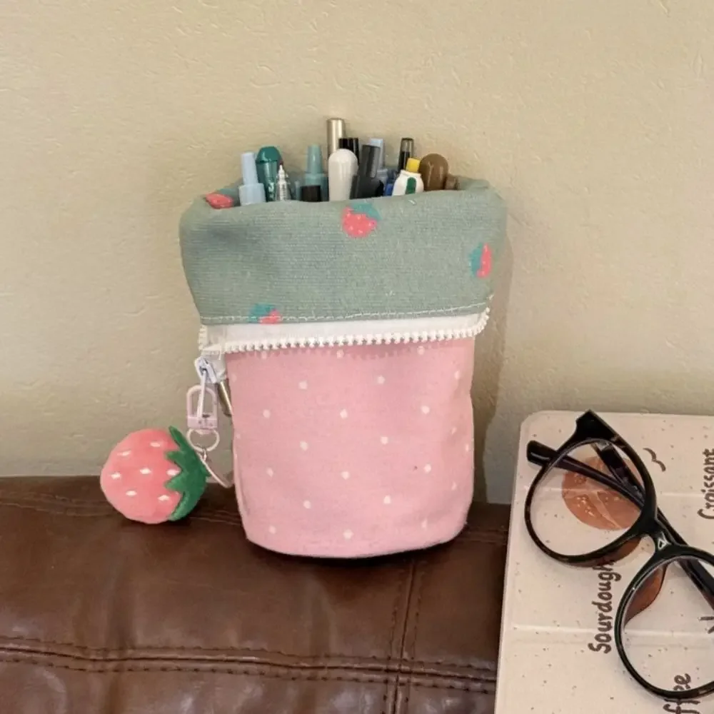 

Cute Strawberry Pen Bag Foldable Large Capacity Pencil Holder Cylindrical Stand Up Gift Pencil Case Students Supplies