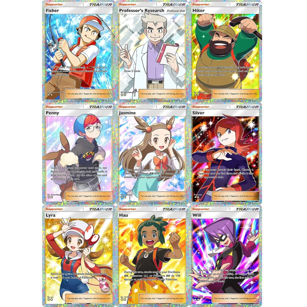 

9Pcs Diy TCG Pocket Pokemon Card Trainer Will Hau Professor's Research Fisher Hiker Silver Lyra Panny Jasmine Collection Card