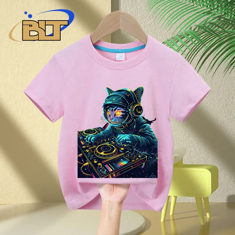 DJ cat print kids T-shirt summer children's pure cotton short-sleeved casual tops boys and girls gifts