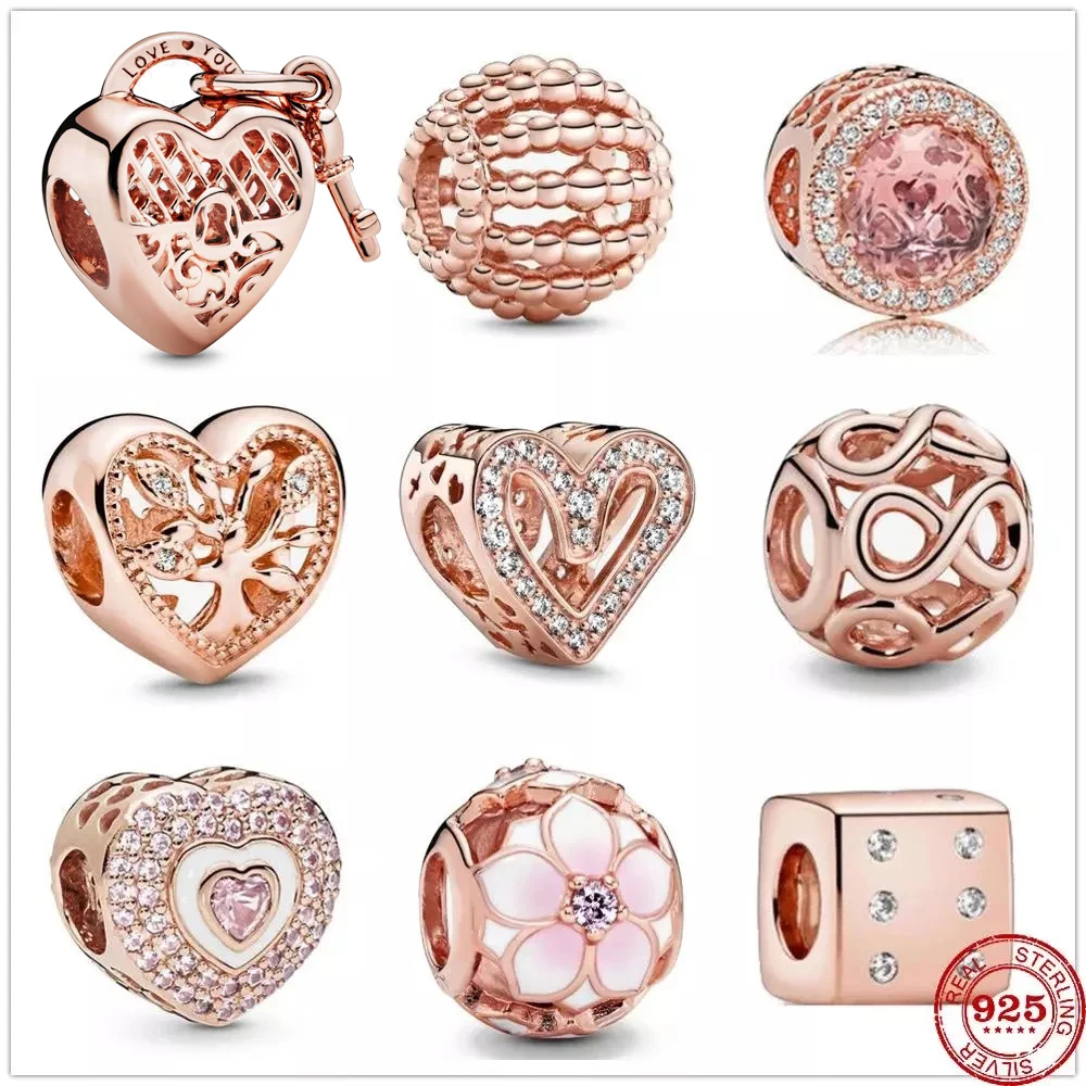 

Authentic Original 925 Sterling Silver Openwork Family Tree Heart Charm Bead Rose Gold Fit Pandora Bracelets Women DIY Jewelry