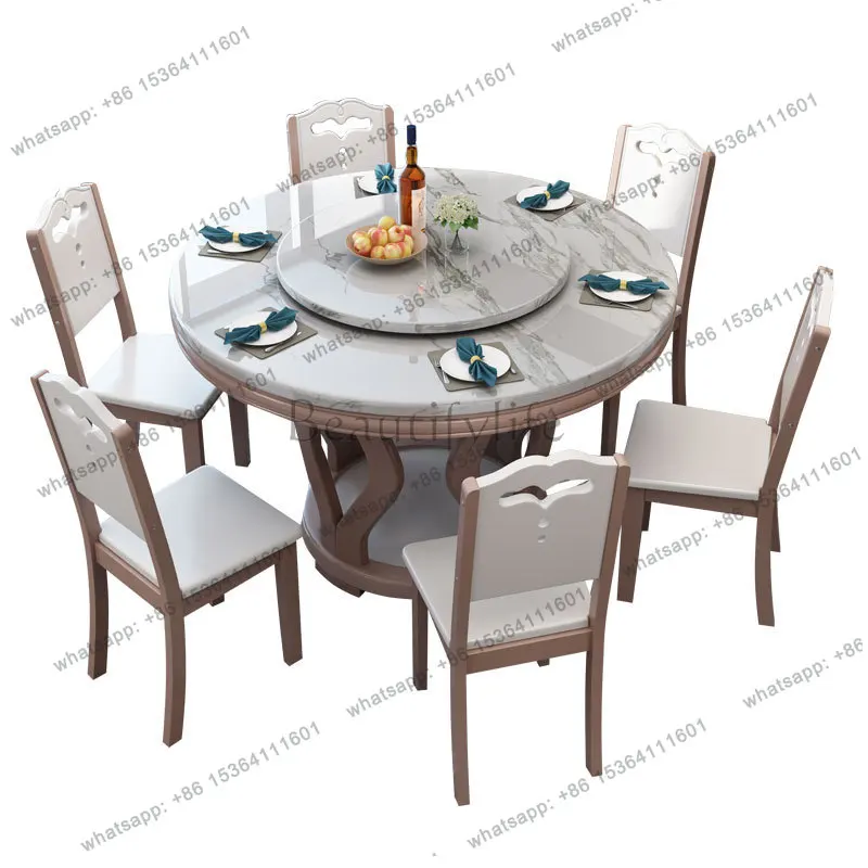 

Marble dining table Full solid wood round table with turntable Chinese round table