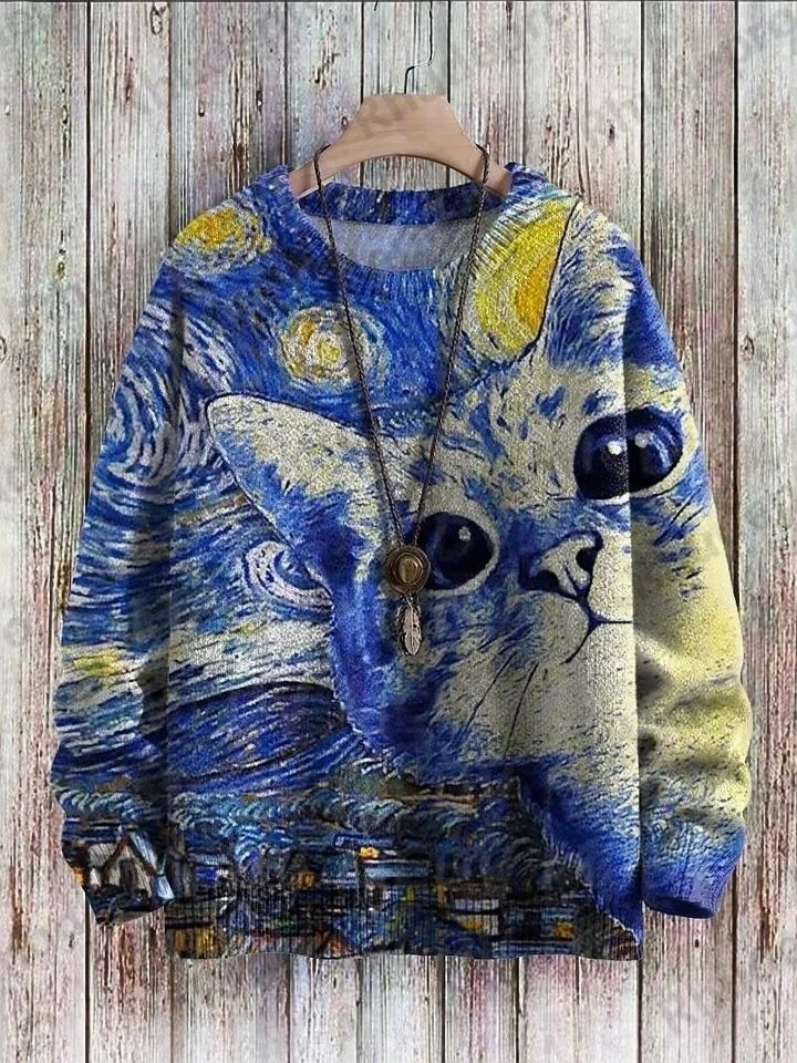 Funny Cat Play Music Moon Cow Art Pattern Print Casual Knit Pullover Sweater Men's For Women's Pullover Ropa De Hombre