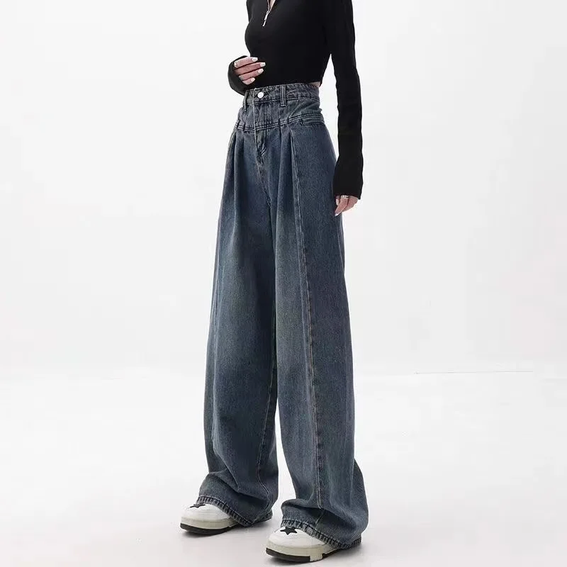 Spring Autumn Korean Fashion Streetwear High Waist Baggy Jeans Women Straight Thin Drape All-Match Wide-Leg Pants Jeans Femme