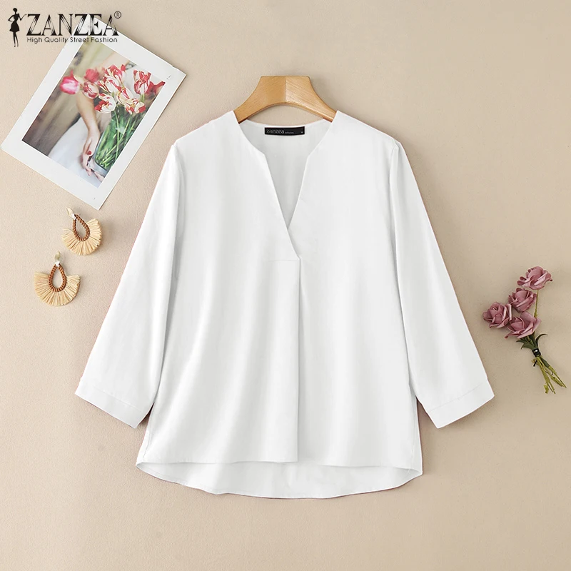 

ZANZEA Elegant Chic Women Tops V-Neck Day Wear Solid Color Cotton Linen Blouses Casual 2025 Summer 3/4 Sleeve Blusas Mujer