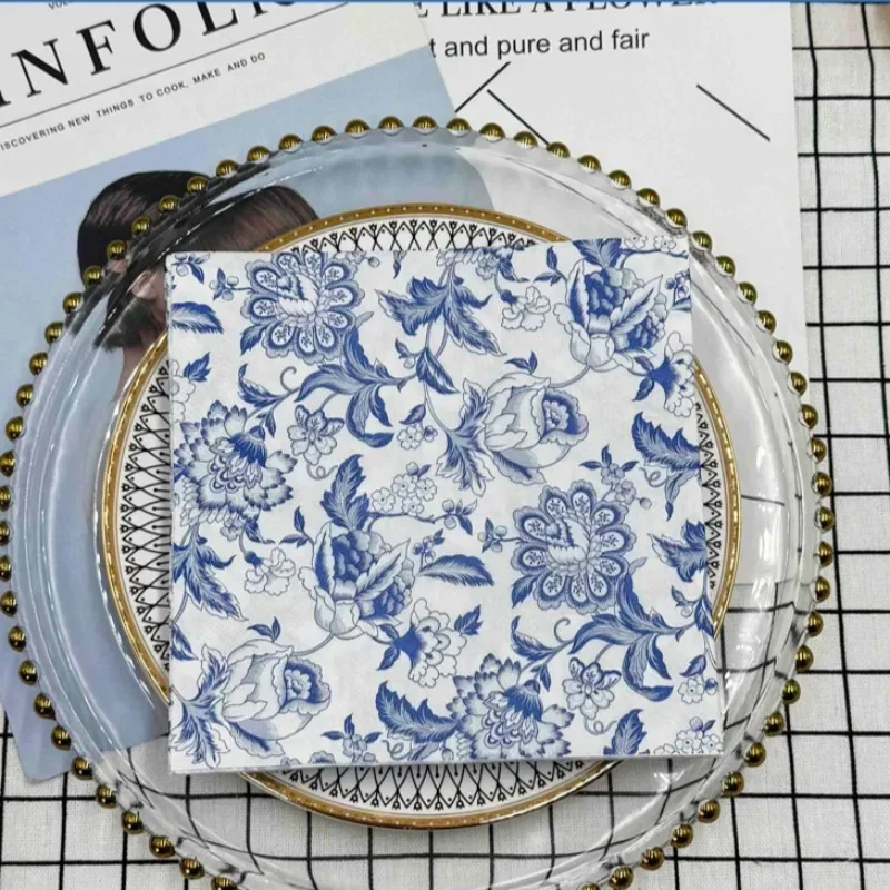 20pcs 33cm 2-Ply Party Decoration Paper Chinese Style Blue Line Drawing Flower Paper Placemats Butterfly Bone Bart Paper