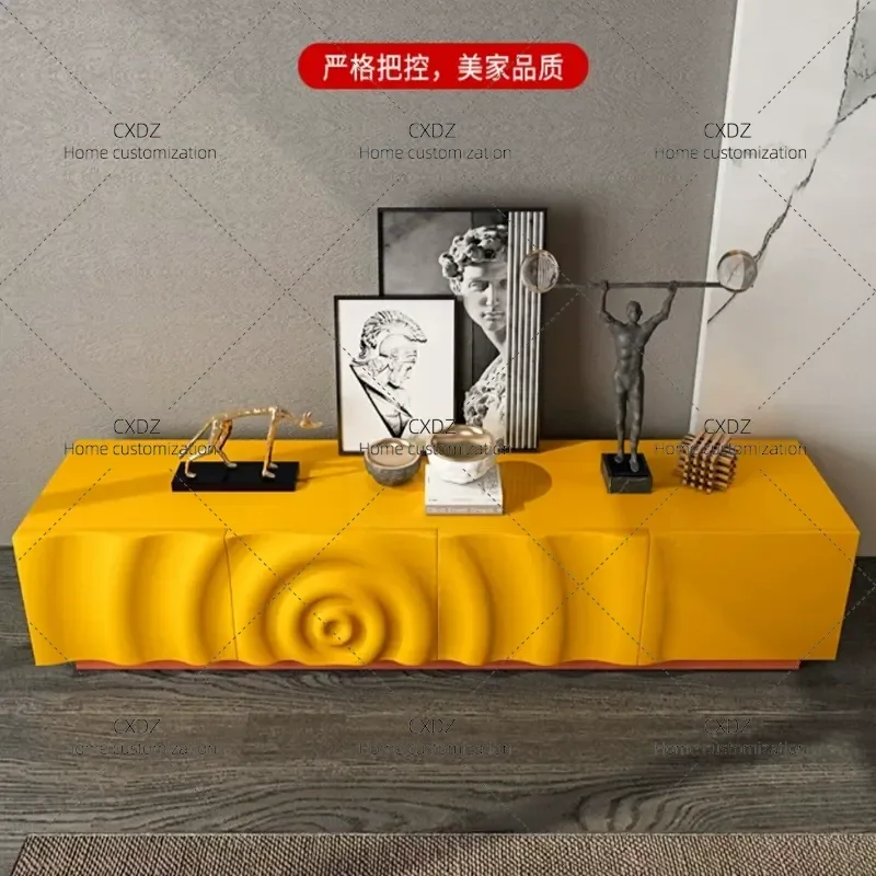 Modern Simple Yellow TV Cabinet for Living Room Audio Visual Stand with Drawers Floor Storage Locker Customizable Design