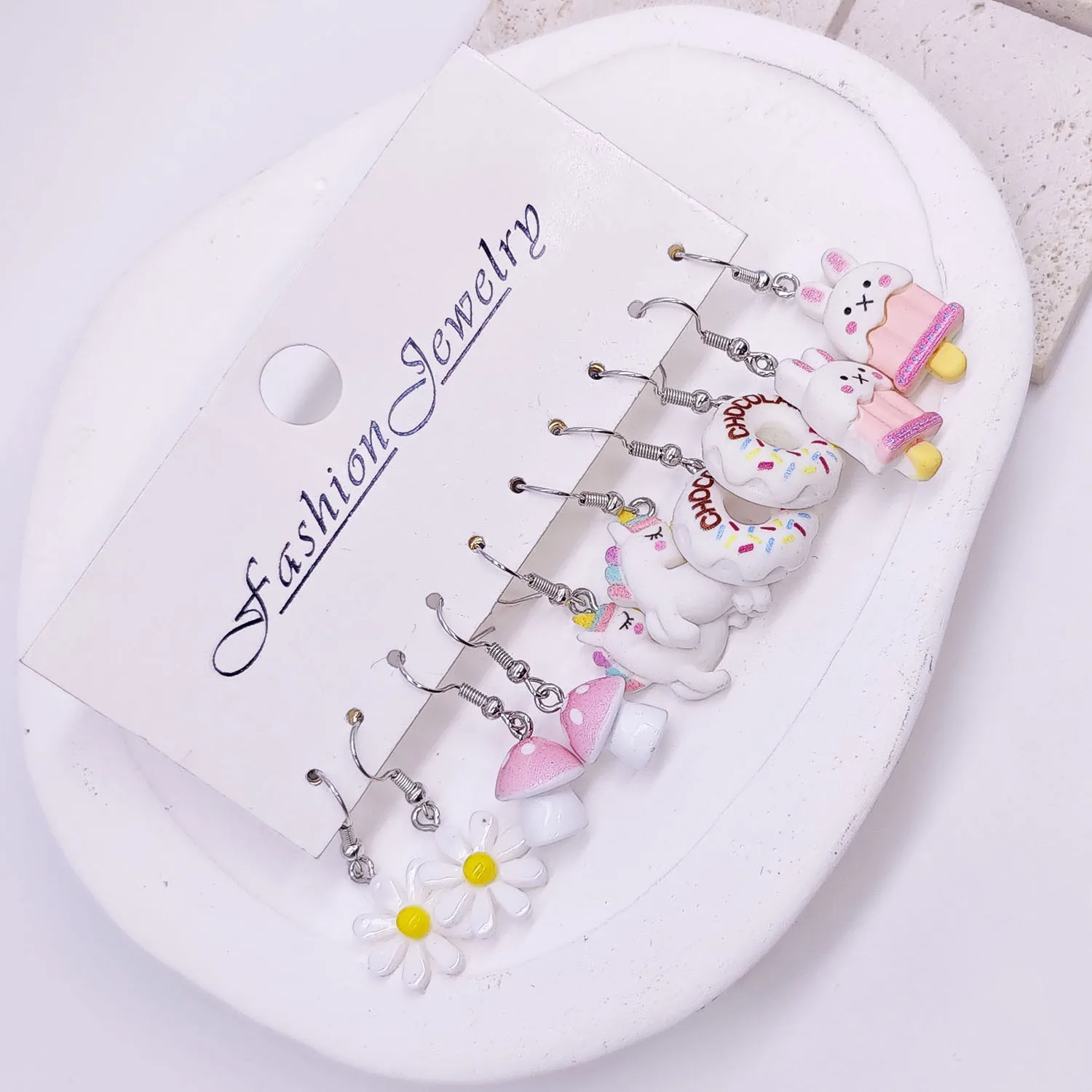Cross border fashion cartoon animal white horse daisy resin simulation food donut earrings white set