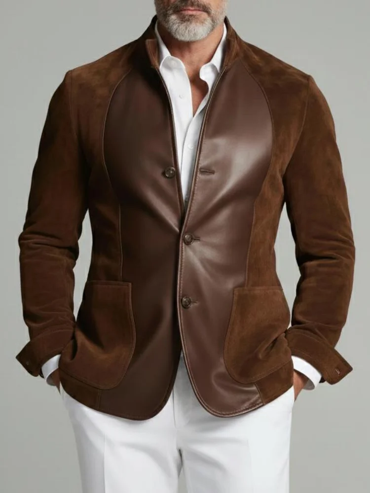 Men Stand‑Collar Contrast Spliced Three‑Button Solid‑Color Slim‑Fit Mature Light‑Business Blazer Jacket