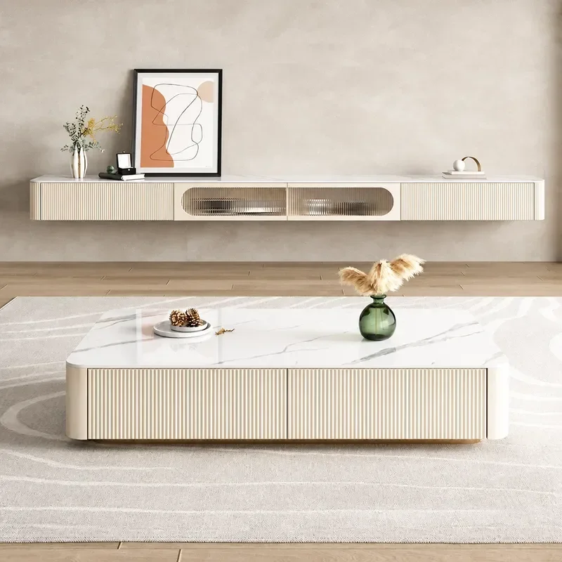 Modern Minimalist Wall Mounted TV Cabinet and Coffee Table Set Light Luxury Rock Slab Floating Storage Unit for Small