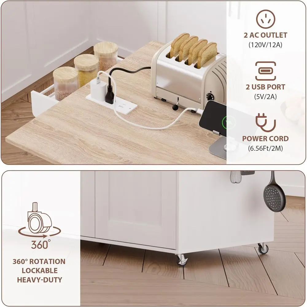 جزيرة مطبخ بيضاء محمولة مع أوراق متدلية، وحدة تخزين، وصندوق قمامة، ومخرج طاقة، ورف توابل على عجلات #3