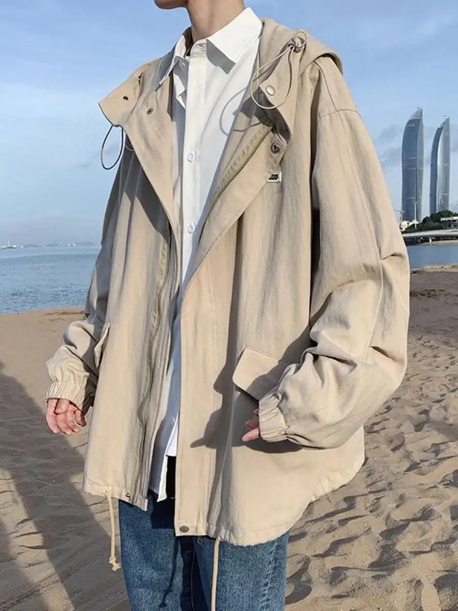 

Мужская куртка с капюшоном, весенне-осенняя студенческая рабочая одежда, свободная посадка, пальто средней длины, цвет на молнии