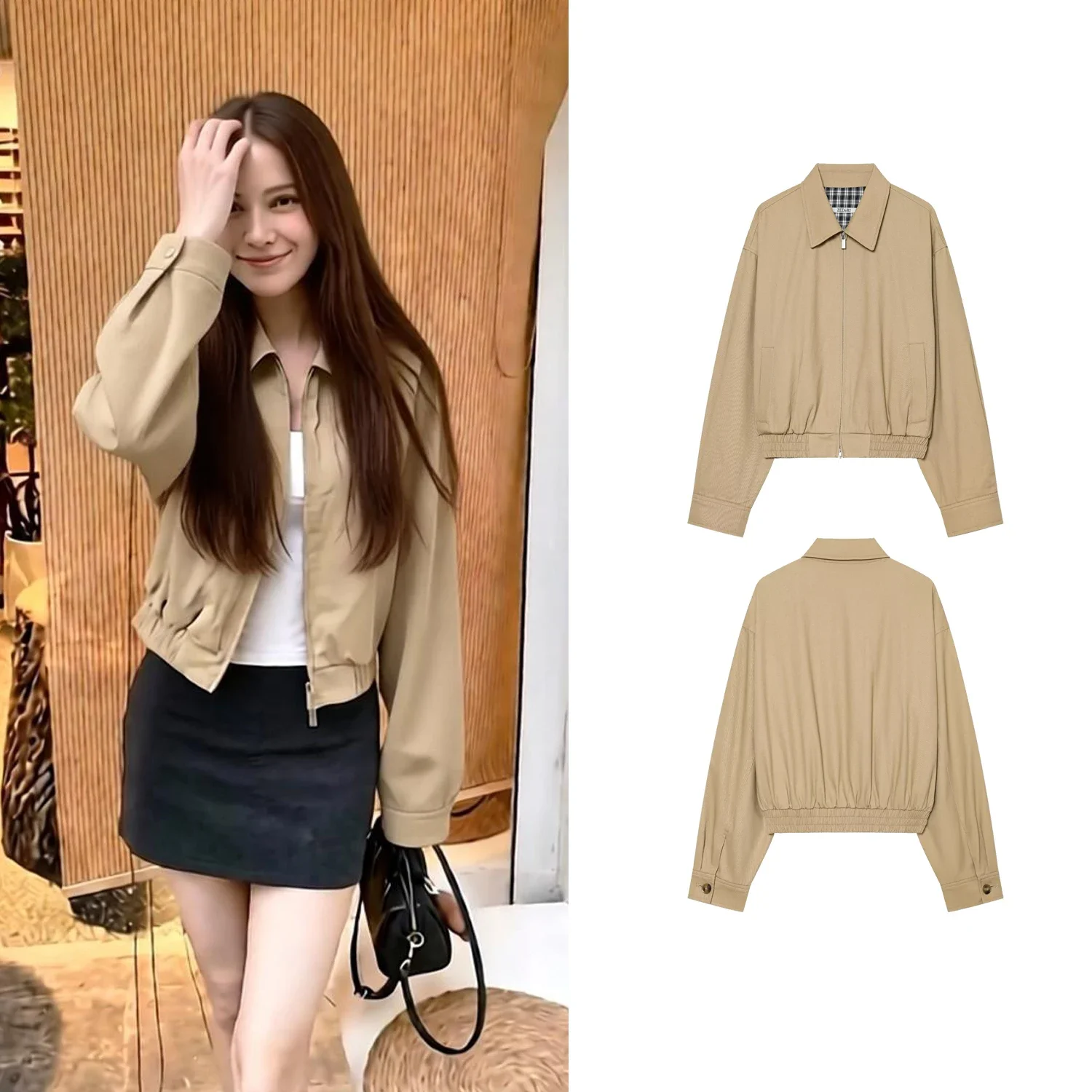 Khaki Short Women's Jackets Spring Autumn Female Lapel Double Zipper Pleated Hem Coats Lady Simple Casual Streetwear Jackets Top