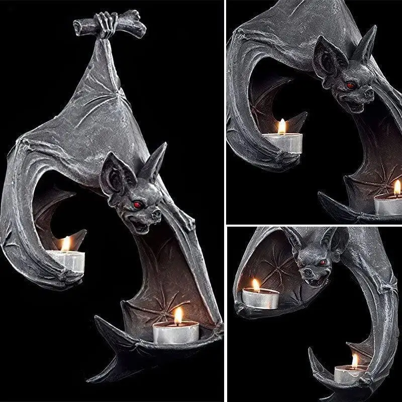 Bat Shaped Tealight Candle Holder Wall Hanging Candlestick Halloween Spooky Home Garden Party Atmosphere Decor Ornament Statue