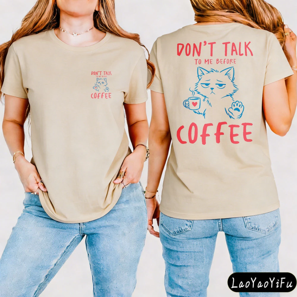 Coffee Lover Cat T-Shirt for Women Rude Irritable Cat Print Tees 
