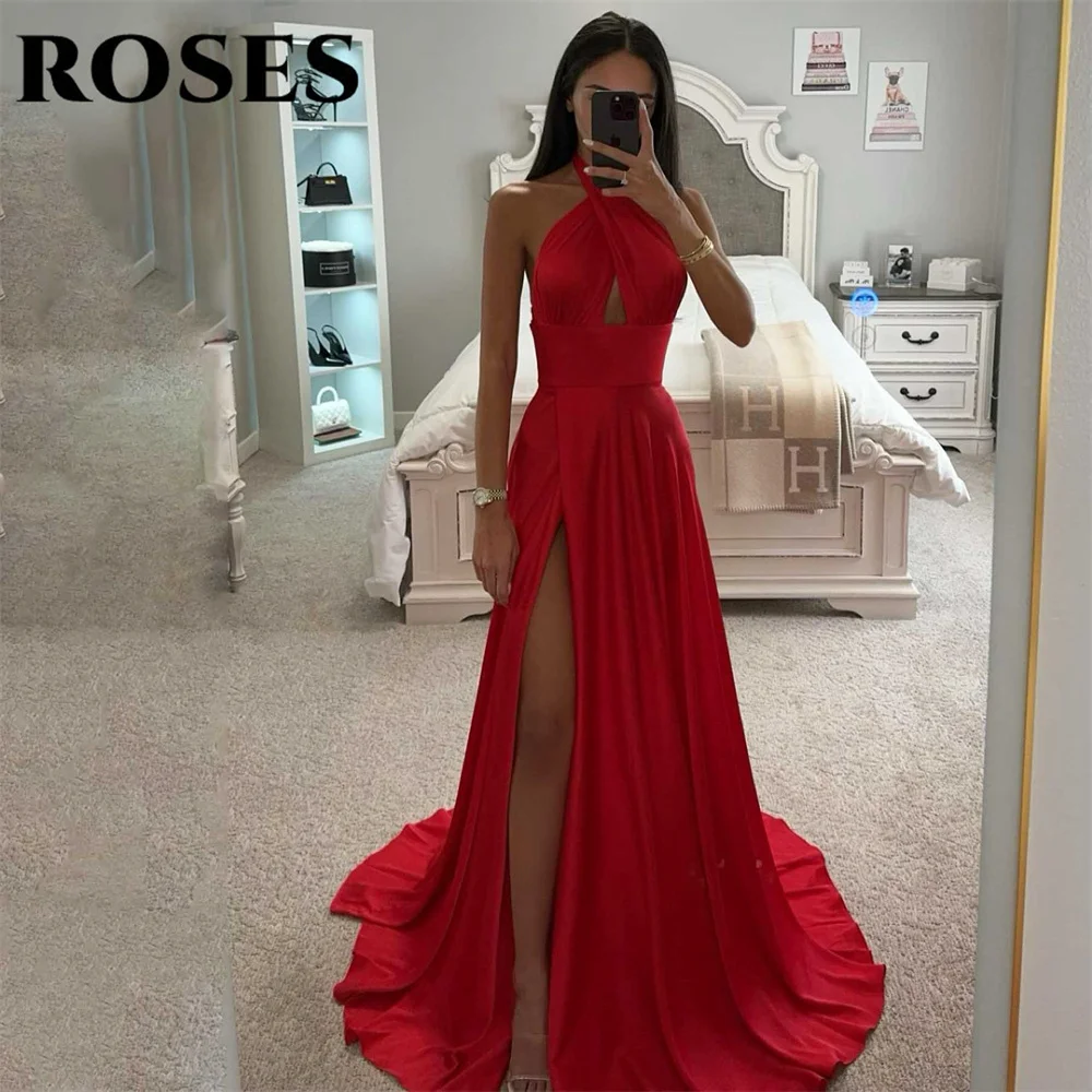 

ROSES Halter Red Prom Dress Stain A-Line Celebrity Dresses Side High Split Women's Evening Dress Sleeveless Formal Gown 프롬 드레스