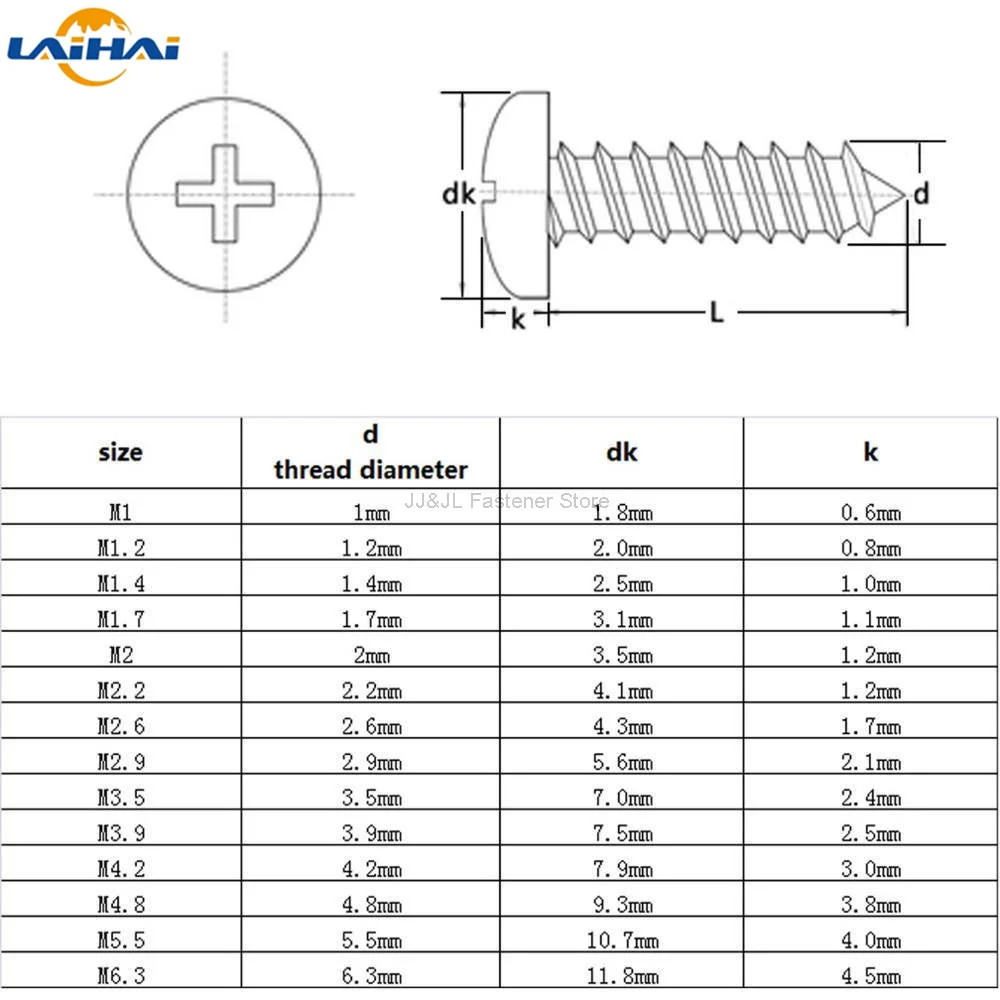 10/50pcs M1 M1.2 M1.4 M1.7 M2.2 M2.6 M3 M4 M5 M6 Mini 304 stainless steel Cross Phillips Pan Round Head Self tapping Wood Screw