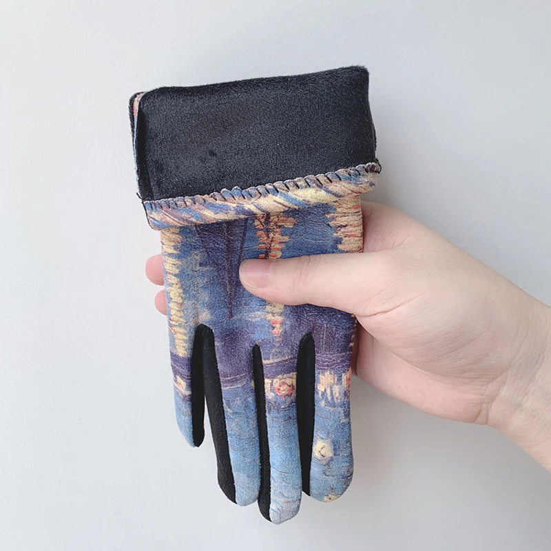Winter Warm Van Gogh Oil Painting Gloves Fashion Retro Opera Performance Women Cycling Drive Touch Screen Full Finger Thicken
