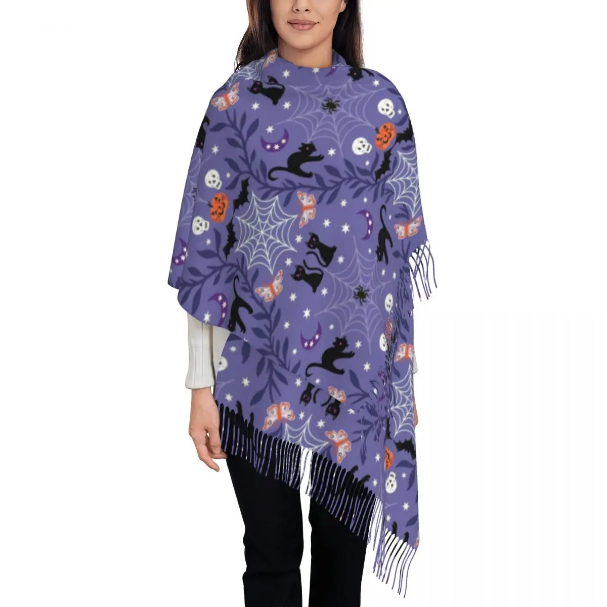 

Напечатанный на заказ шарф на Хэллоуин с черным котом и пауком для женщин и мужчин, зимние теплые шарфы, готическая шаль ведьмы, накидка