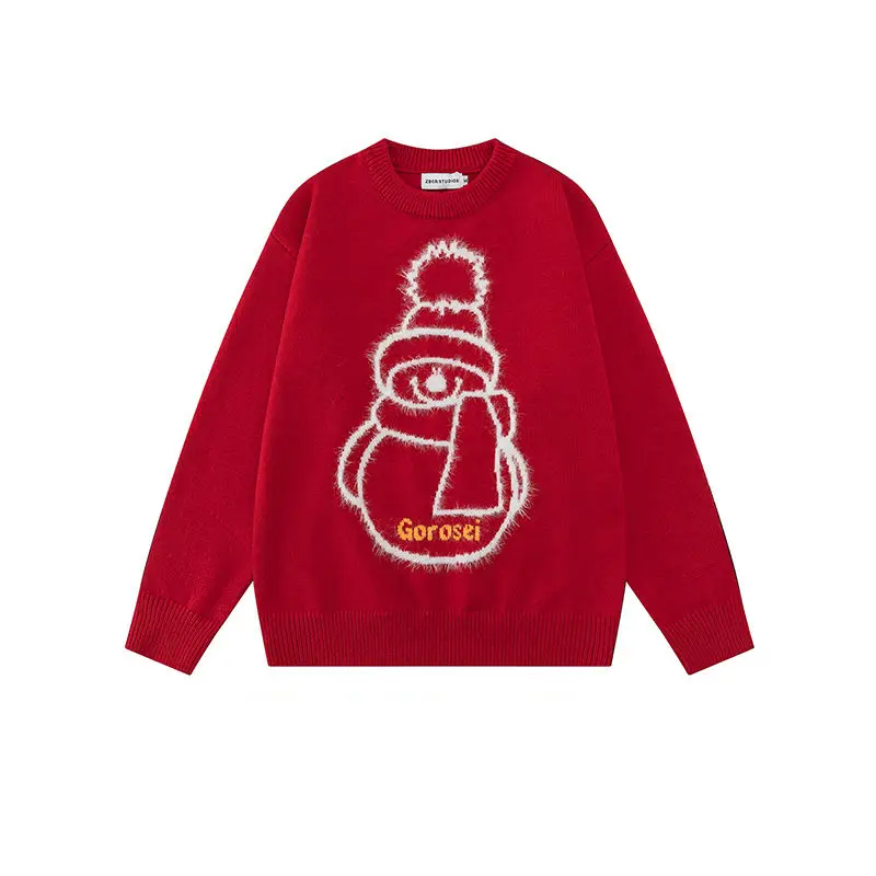 EBAIHUI Red Christmas Snowman Jacquard Women's Sweater Round Neck Ladies Knitwear Autumn Winter New Loose Couple Pullover Tops