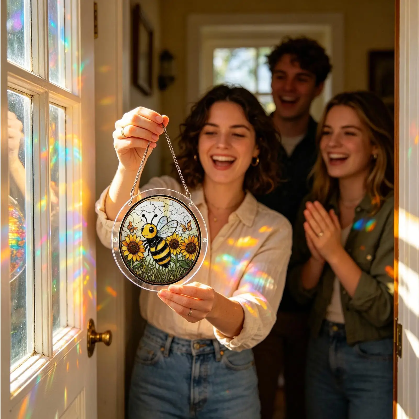 Acrylic Puzzles Suncatcher 19cm Bee Pattern Rainbow Maker With Metal Chain Round Signs For Front Door For Home Wall Garden Tree