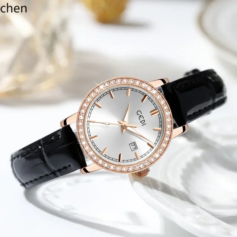 

9 new full diamond women's fashion calendar luminous waterproof leather quartz watch