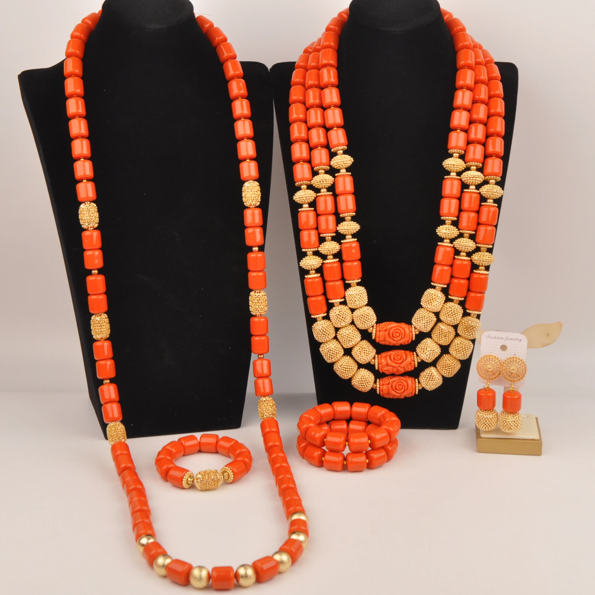 Orange Artificial Coral Bead Necklace African Wedding Jewelry Couple Sets