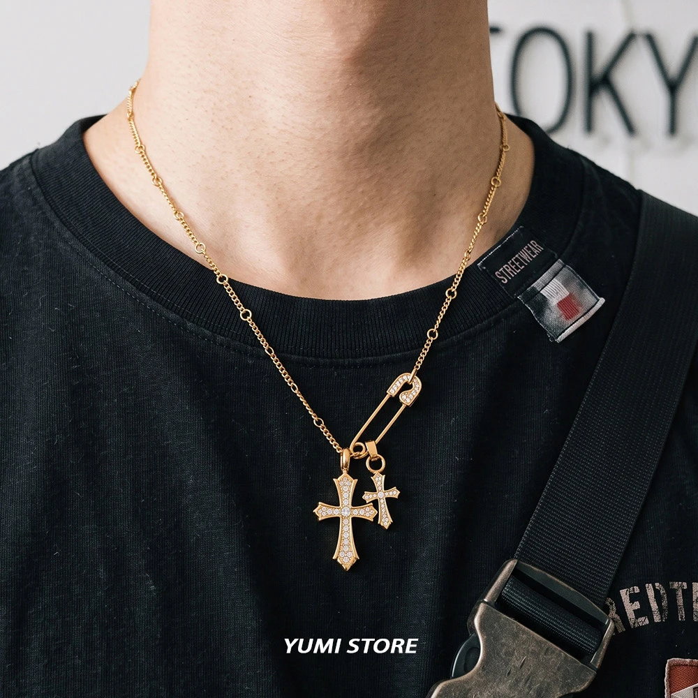 Luxury Zircon Paper Clip Cross For Man Woman Titanium Steel Non Fading Couple Necklace Sweater Chain Punk Fashion Lover's Gift