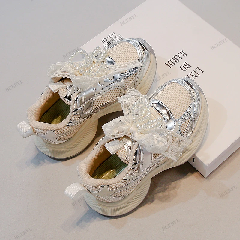 *Baby Sale Spring/Autumn Fashion Breathable Thick Sole Bow Beaded Sport Shoes Soft Walking Sports Casual Kid Vulcanized Shoes