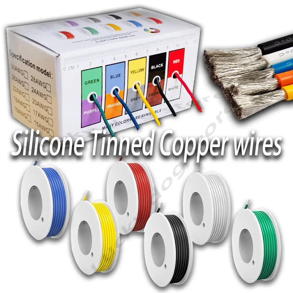 

Heat Resistant Flexible Silicone Wire 30AWG 28AWG 26AWG 24 22 20AWG 18AWG 16AWG Stranded Tinned Copper Wire, 5 Colour Mixed Set