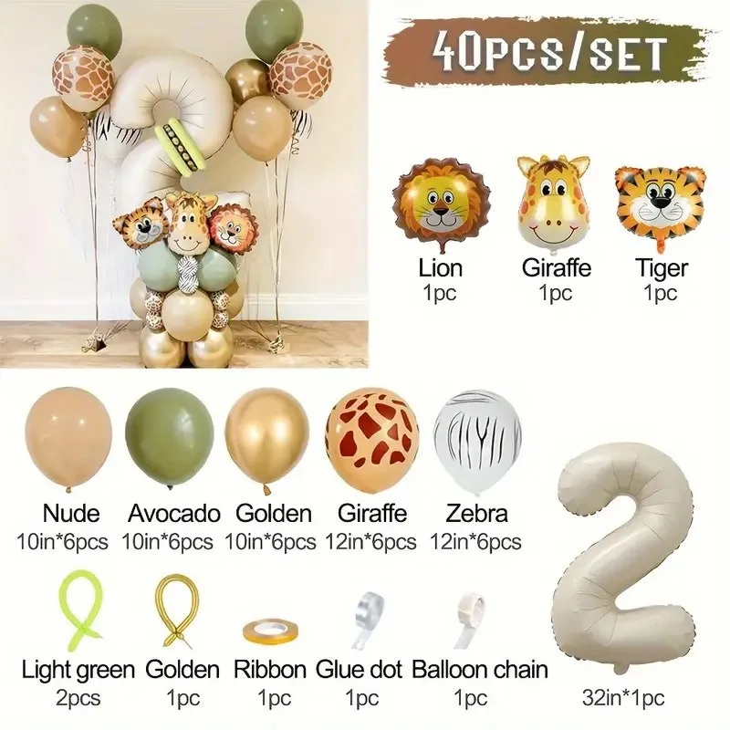 40 Stück Neue Dschungel-Retro-Tierballons für Kindergeburtstage, Nummer 12345 Party-Dekorationsset mit Zahlen-Säulen, Tiger, Löwe – Detail 2