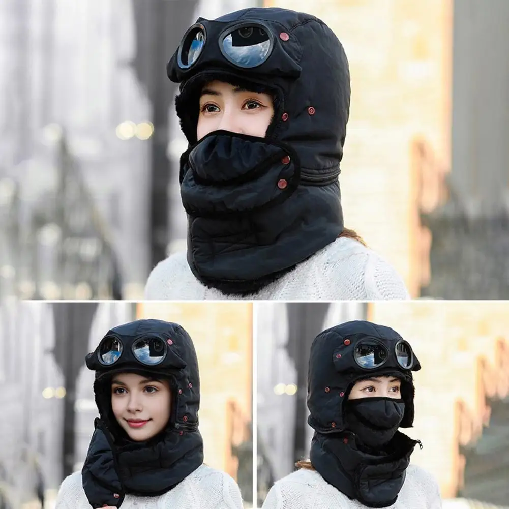 Weather Headgear Winter Insulated Hood Winter Thermal Trapper Hat with Goggles Face Guard Pilot Headgear for Snowmobiling Hiking
