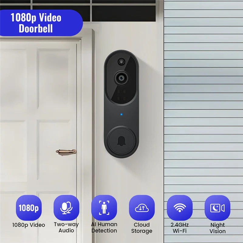 ABRU-US PLUG,1080P Wireless Video Doorbell Camera,Chime Ringer With Live View,2-Way Audio,2.4G Wifi,Night Vision