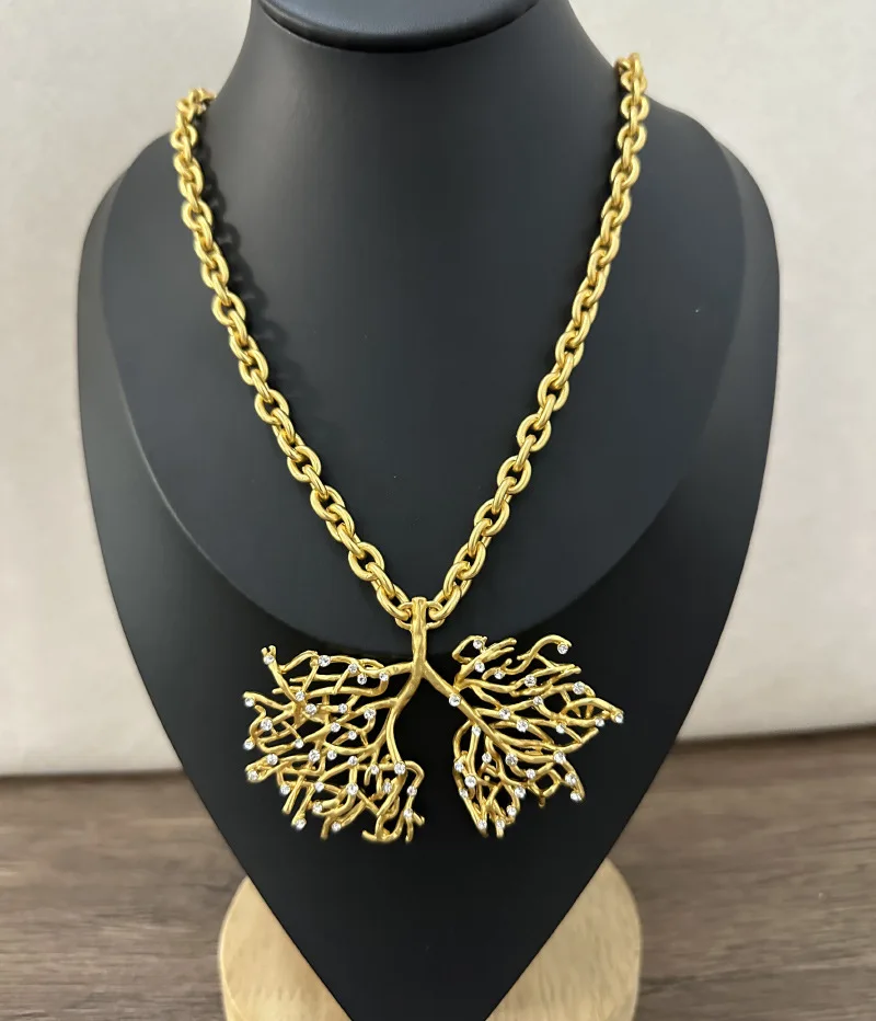 Lady Pendant Necklace with Abstract Tree Branch Heart Vessel Design, Crstal Sweater Chain Necklaces Jewelry
