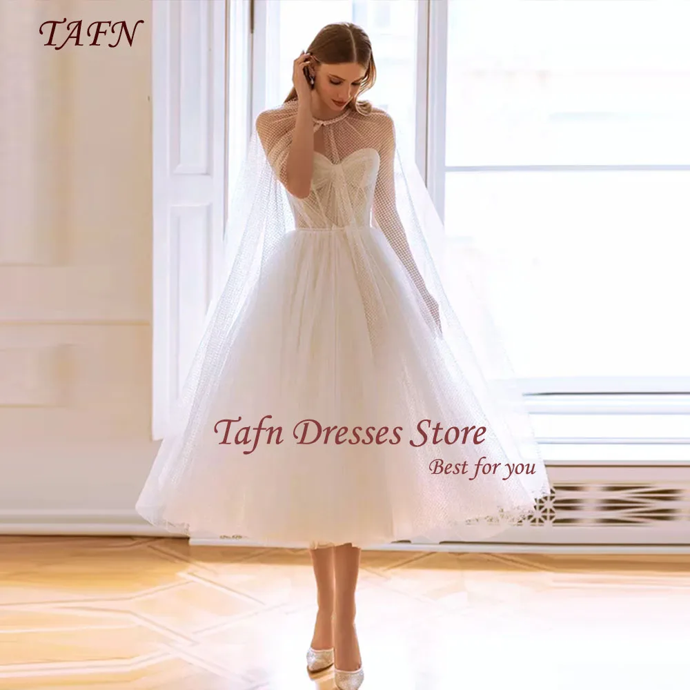 TAFN Tea-Length Wedding Dresses A-line Draped Sweetheart Collar Bridal Gown Sleeveless White Backless vestidos de novia