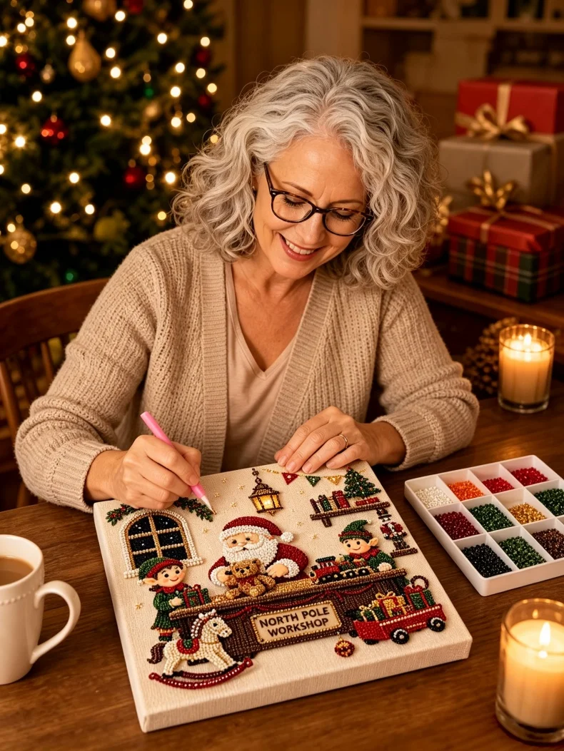 Weihnachts-Perlen-Diamantmalerei-Kunstset mit Rahmen, DIY-Perlen-Bastelset für Erwachsene, Anfänger, Heimdekoration, Wandkunst, Partygeschenk – Detail 7