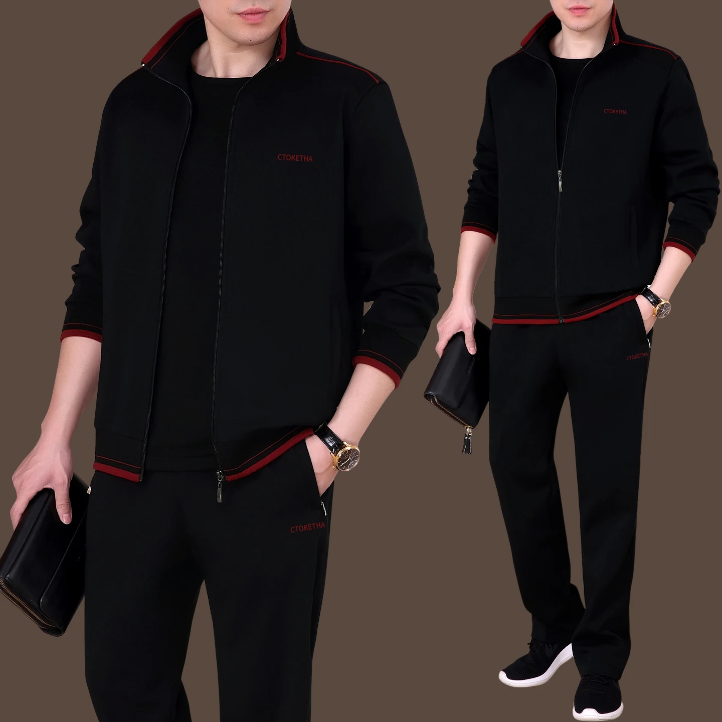 

Спортивный костюм для мужчин среднего и старшего возраста: повседневный комплект из куртки с длинным рукавом и брюк, осенняя коллекция.