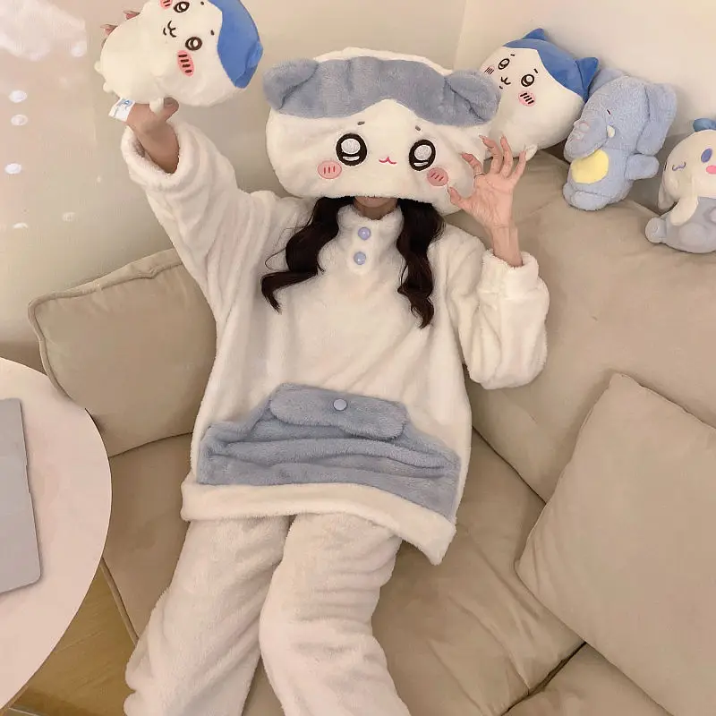 Kawaii Chiikawa Pajamas Coral Velvet Hooded Pajamas for Girls New Cartoon Cute Usagi Women's Velvet Home Clothes Autumn Winter