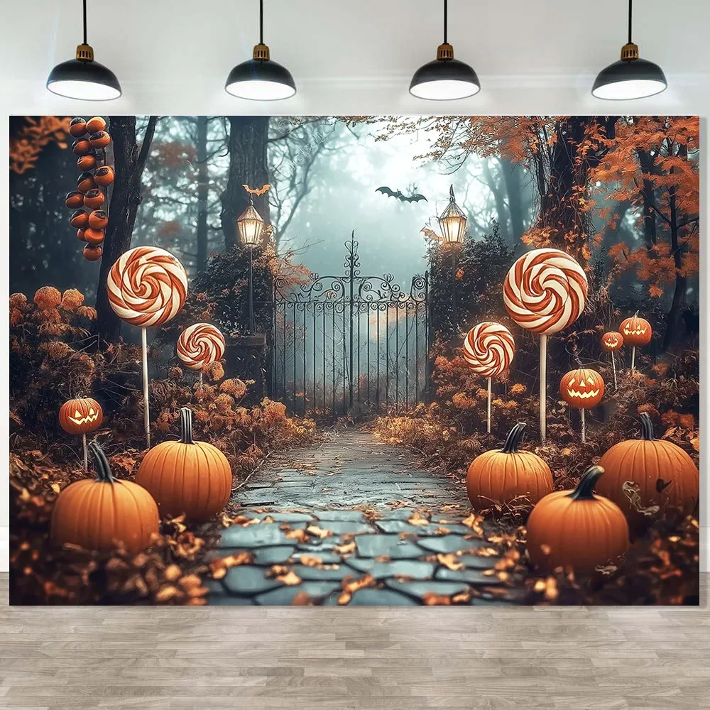 

Halloween Autumn Magical Forest Backdrops Candyland Pumpkins Gothic Gate Kids Adult Child Baby Photocall Photography Background